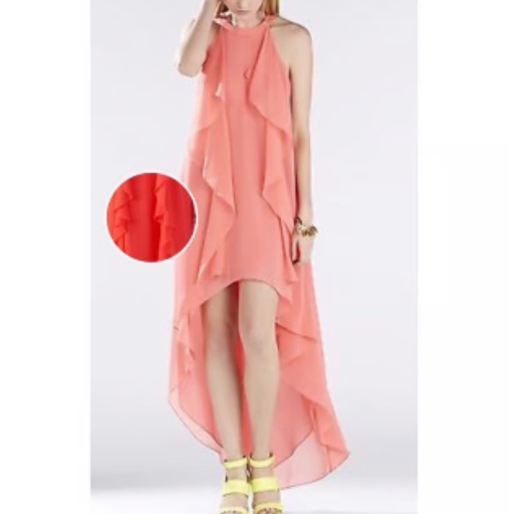 NWT Jennifer Lopez Coral Pink Ruffle Halter High Low Dress - Size: Large - Picture 10 of 10